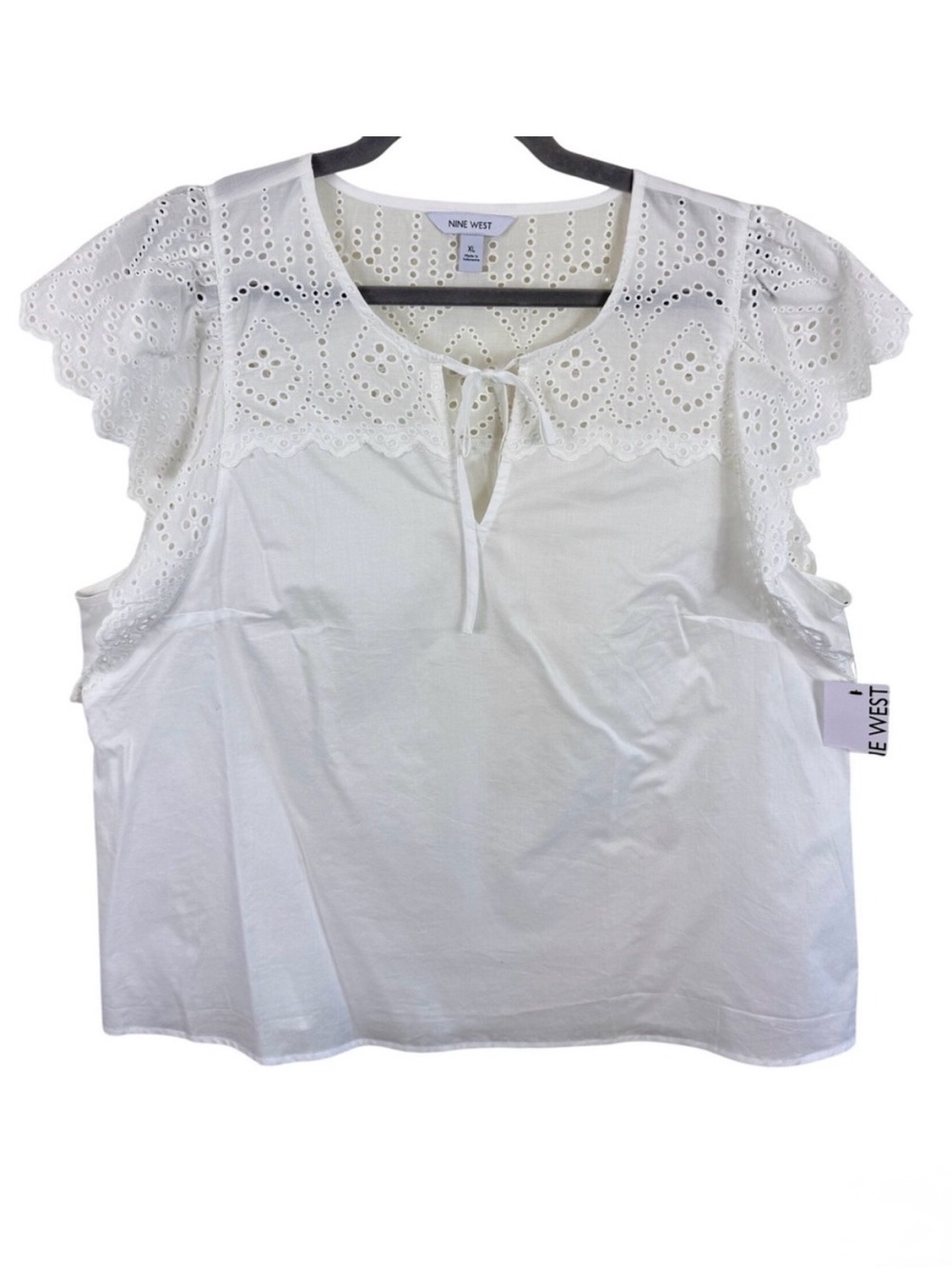 Nine West Womens White Eyelet Lace Flutter Sleeve Tie Neck Cotton Top XL NEW